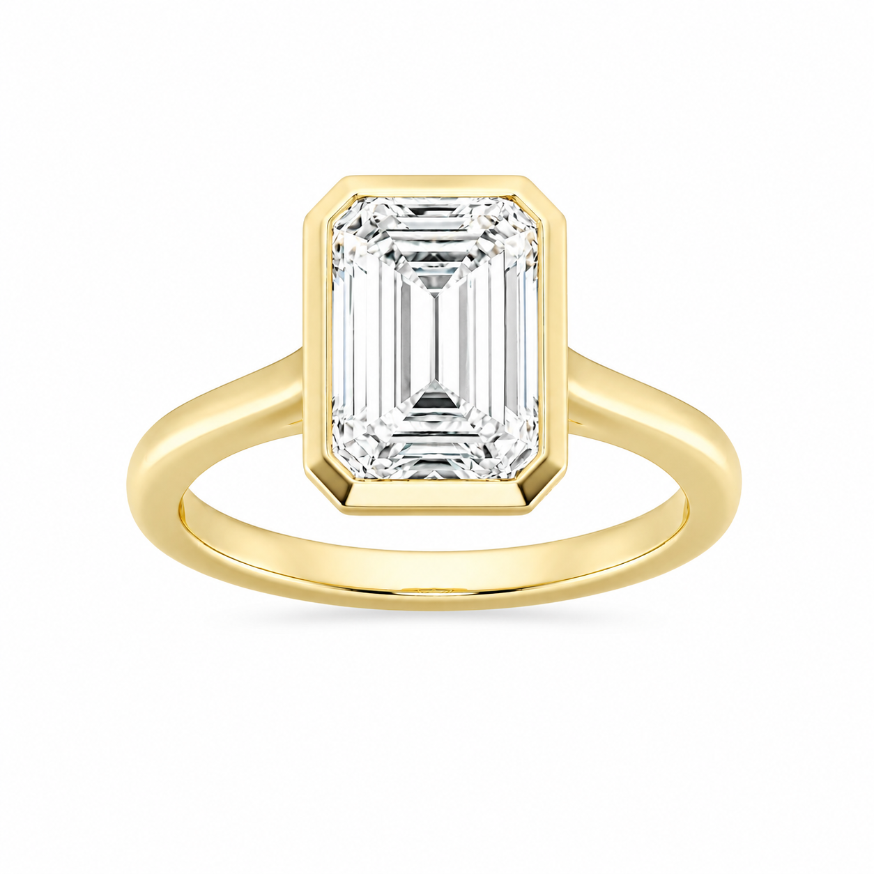 L’Orée Five Carat Center Emerald Lab Grown Diamond Bezel Set Solitaire Engagement Ring