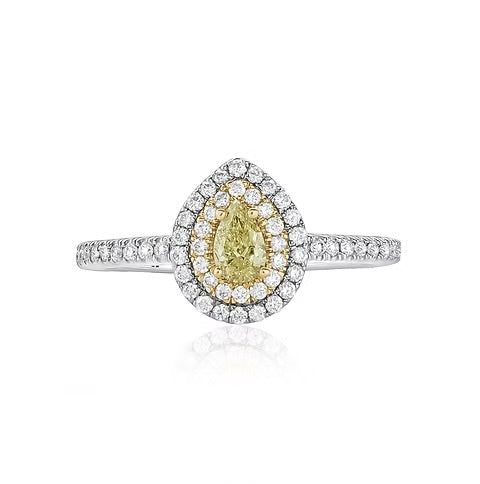 L’Orée Pear Cut Yellow Diamond Engagement Ring With Double Halo And Pavé Band