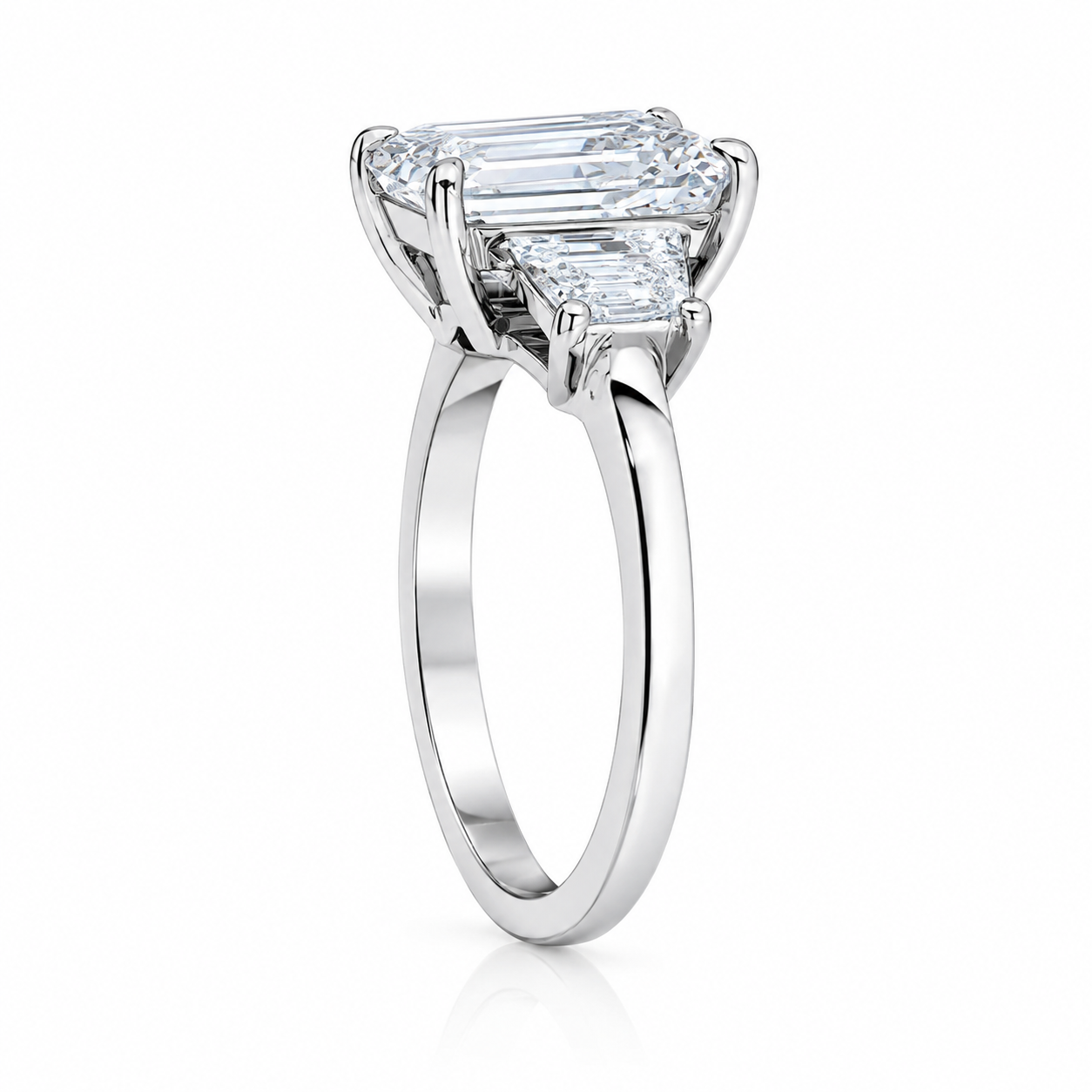L’Orée Three Carat Center Emerald Cut Three Stone Lab Diamond Engagement Ring