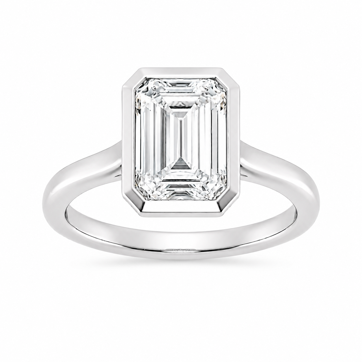 L’Orée Five Carat Center Emerald Lab Grown Diamond Bezel Set Solitaire Engagement Ring