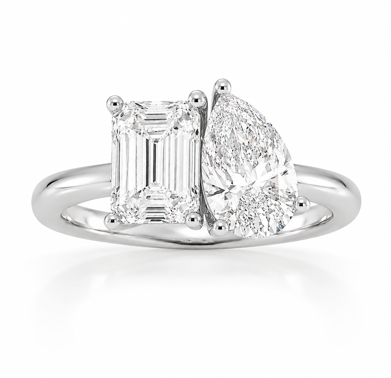 L’Orée Two Carat Toi et Moi Pear and Emerald Cut Lab Diamond Engagement Ring
