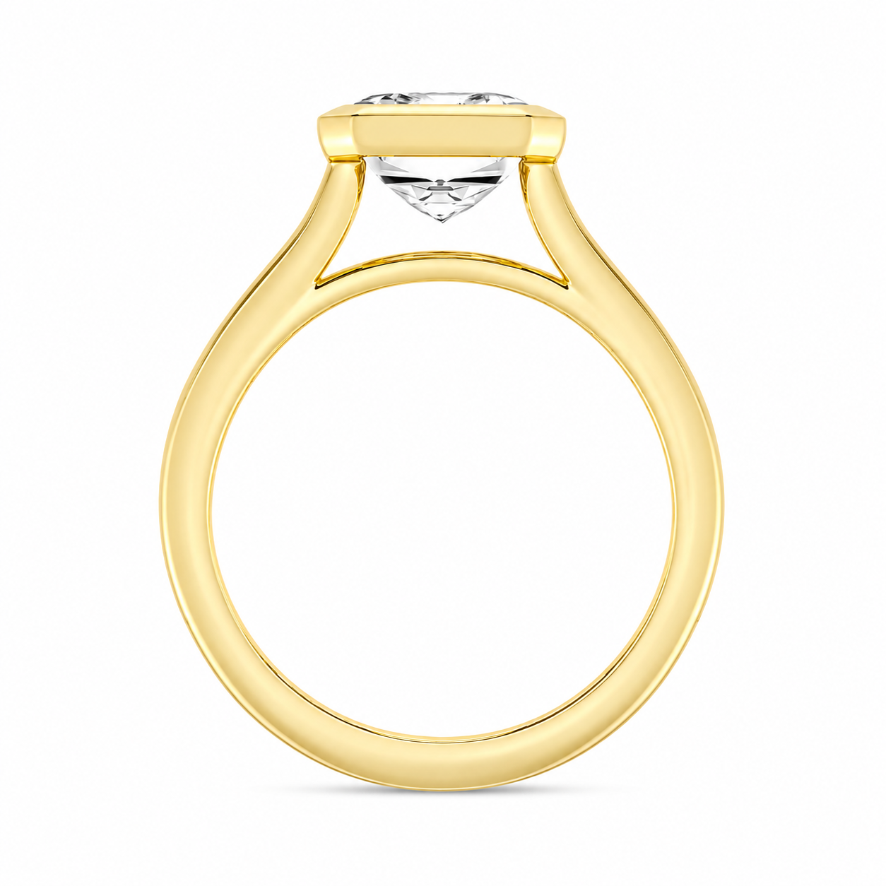 L’Orée Five Carat Center Emerald Lab Grown Diamond Bezel Set Solitaire Engagement Ring
