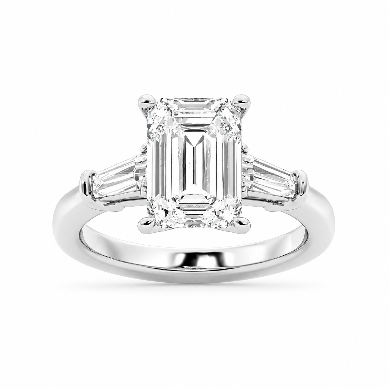 L’Orée Four Carat Center Emerald Lab Grown Diamond Three Stone Engagement Ring