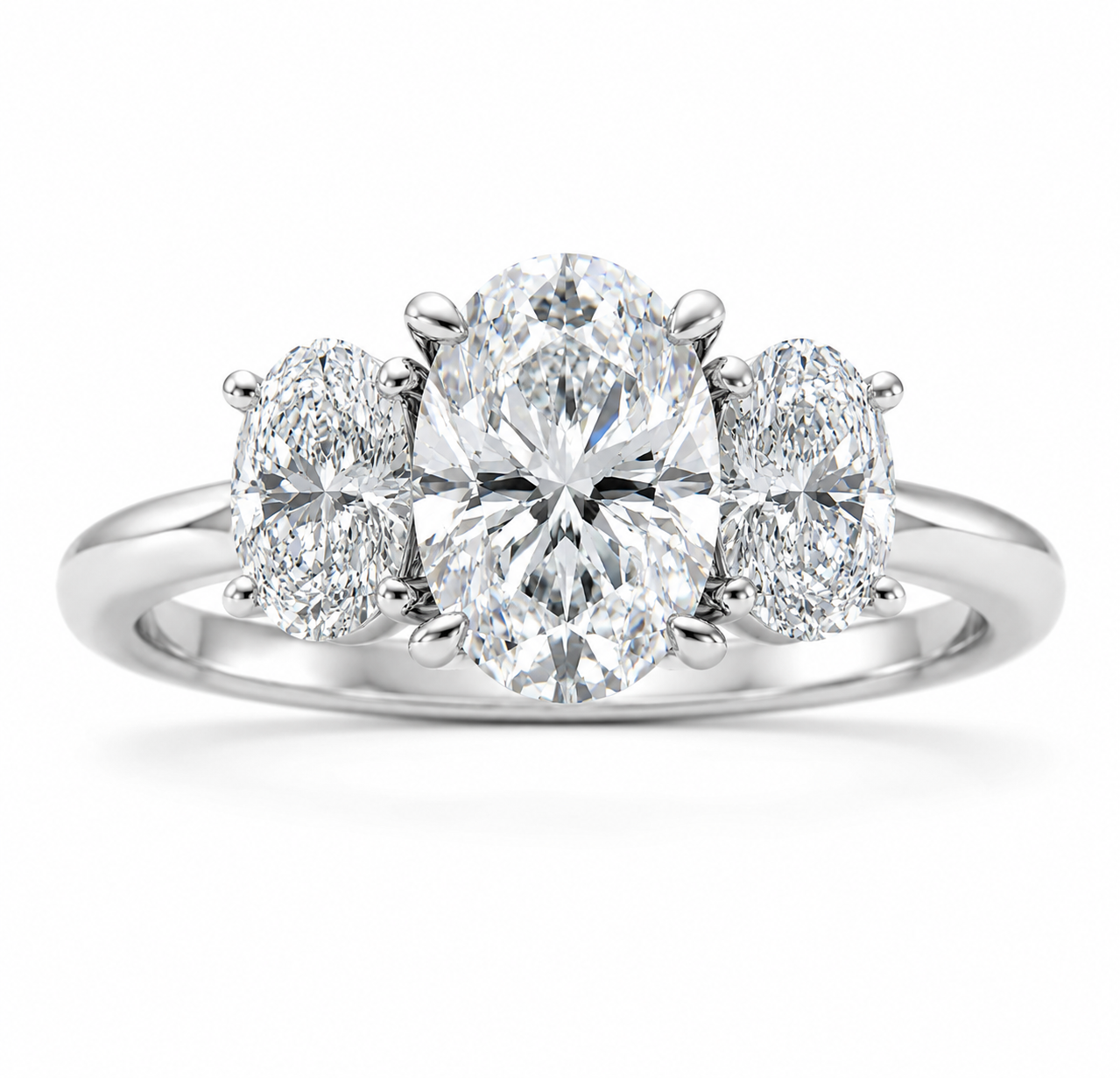 L’Orée Four Carat Center Oval Lab Grown Diamond Three-Stone Engegement Ring