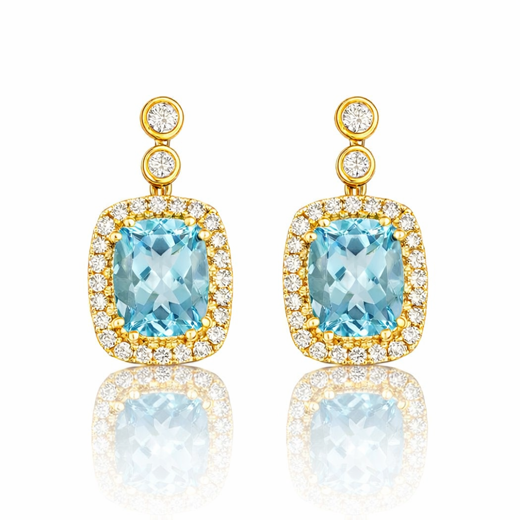 L’Orée Sky Blue Topaz Cushion Halo Drop Earrings