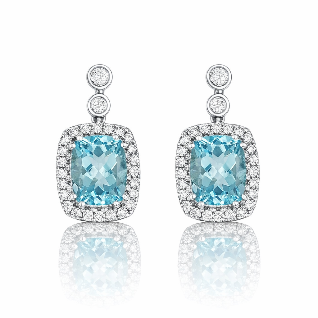 L’Orée Sky Blue Topaz Cushion Halo Drop Earrings