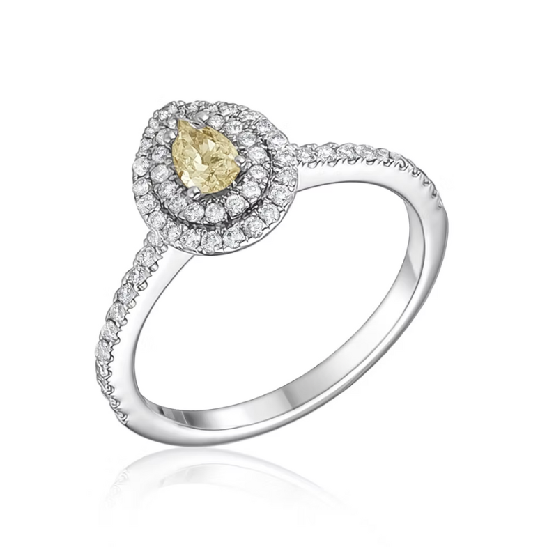 L’Orée Pear Cut Yellow Diamond Engagement Ring With Double Halo And Pavé Band