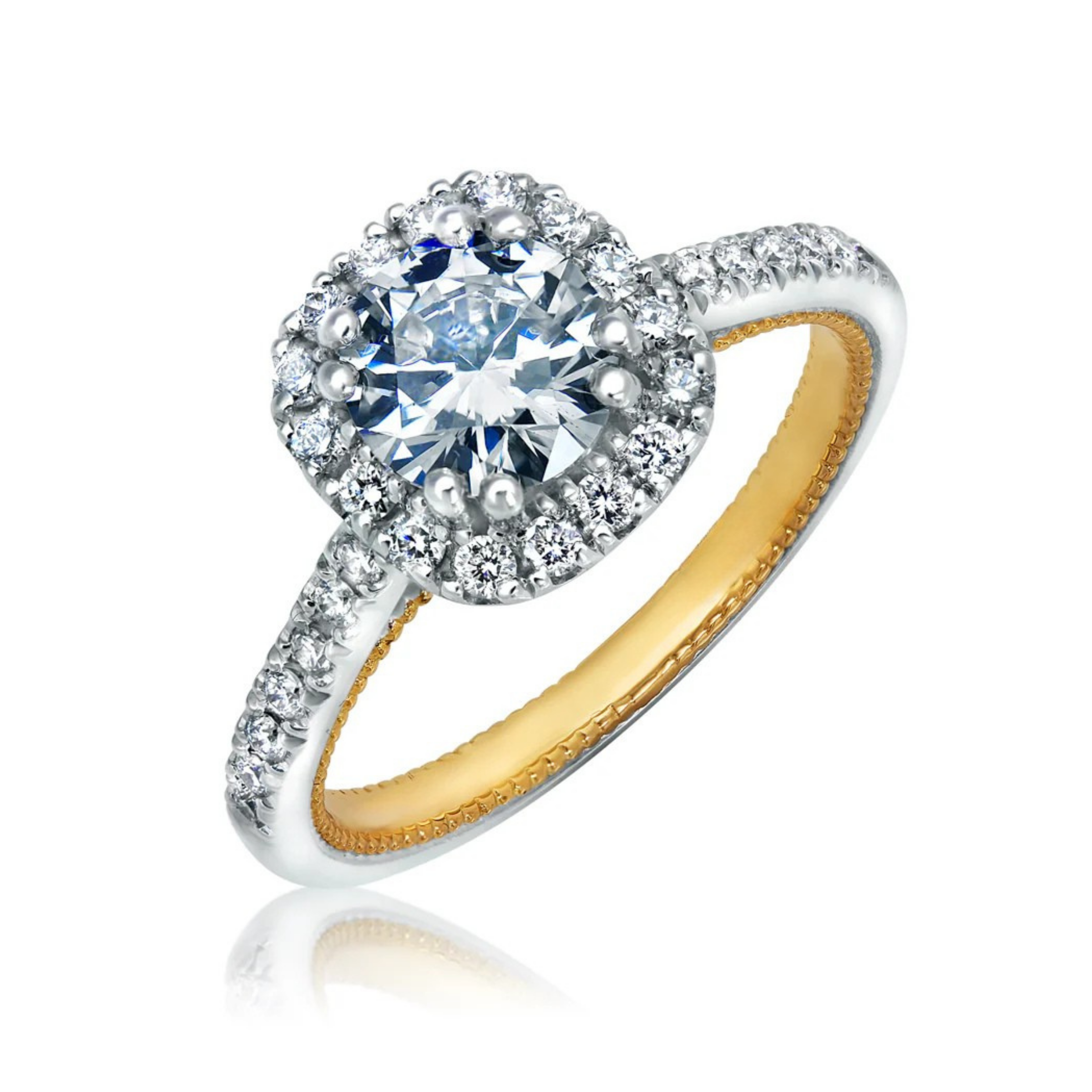 L’Orée Round Cut Cushion Two Tone Engagement Ring With Halo And Pavé Band