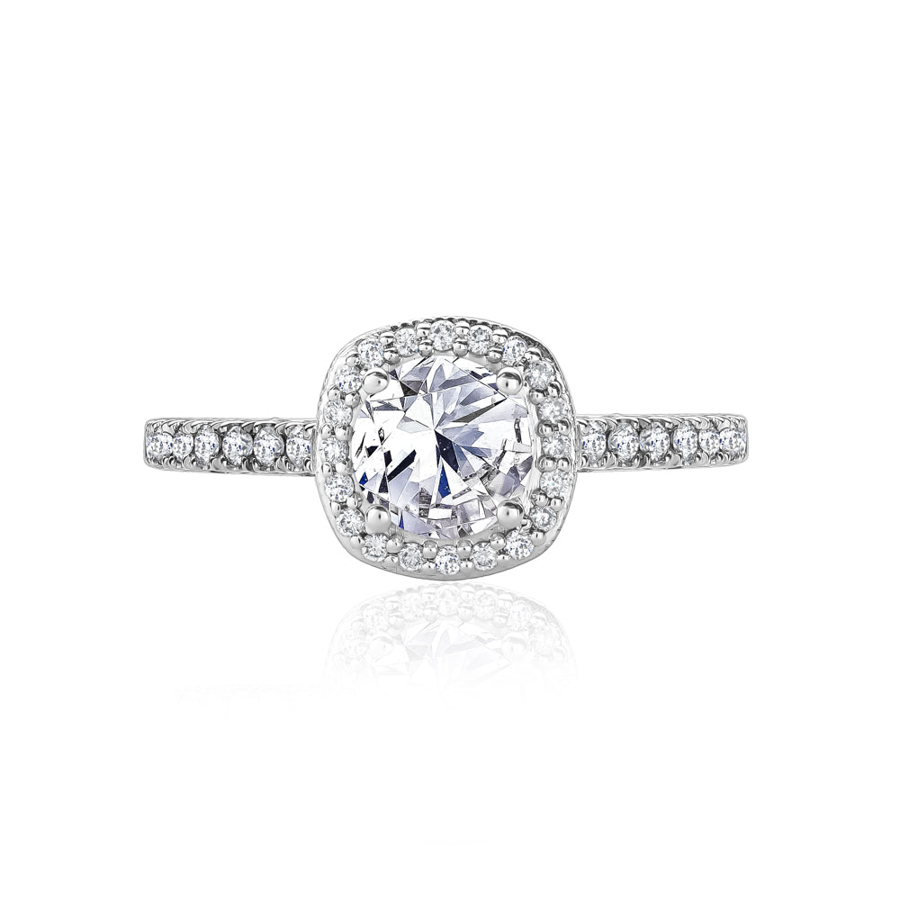 L’Orée Round Cut Ornate Engagement Ring With Halo And Three Row Pavé Band