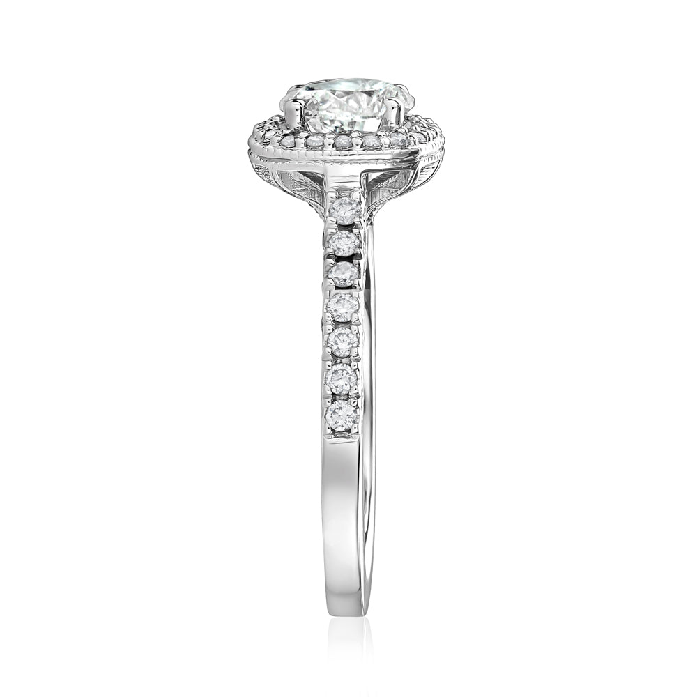 L’Orée Round Cut Ornate Engagement Ring With Halo And Three Row Pavé Band