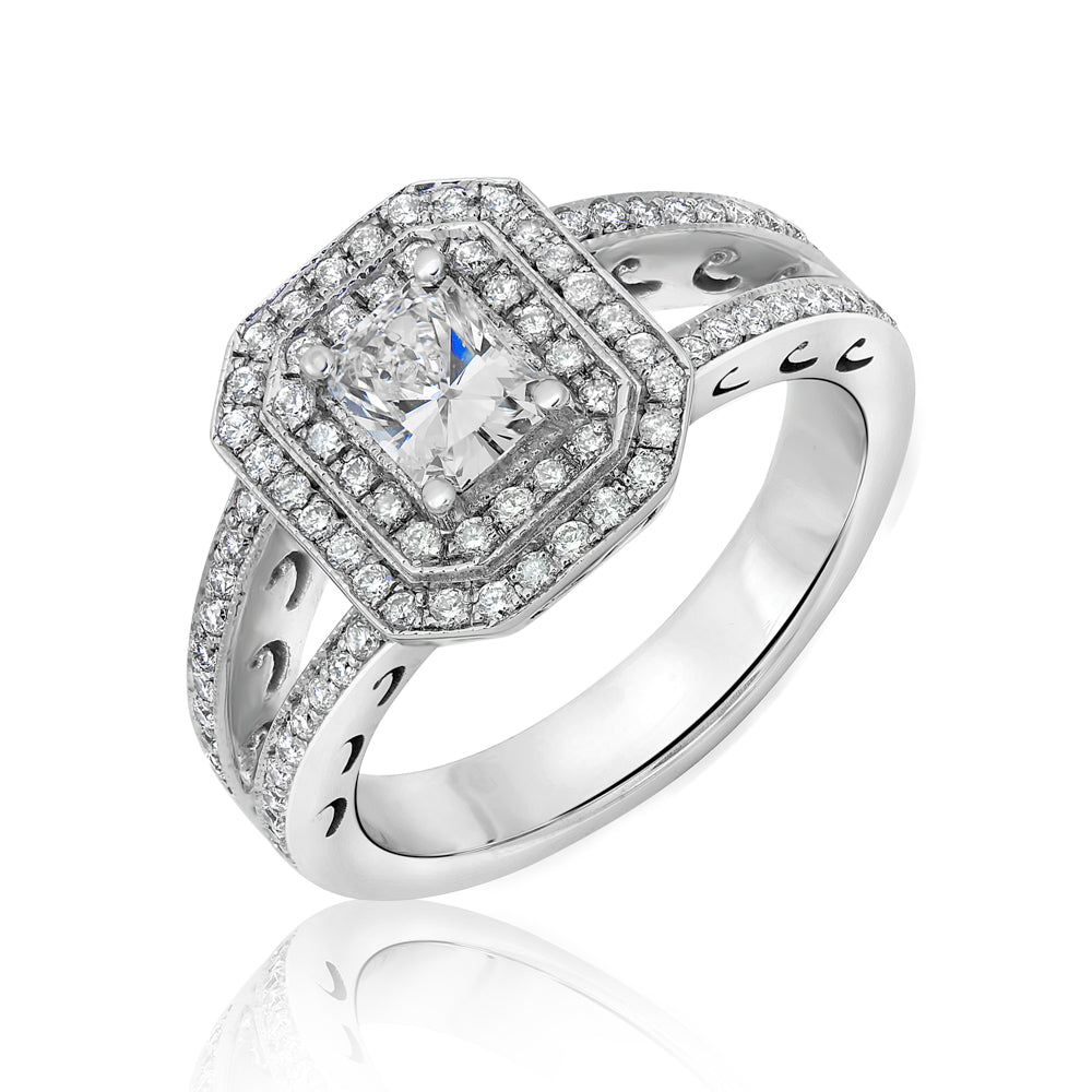L’Orée Radiant Cut Engagement Ring With Double Halo and Split Shank