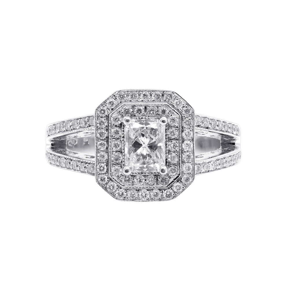 L’Orée Radiant Cut Engagement Ring With Double Halo and Split Shank