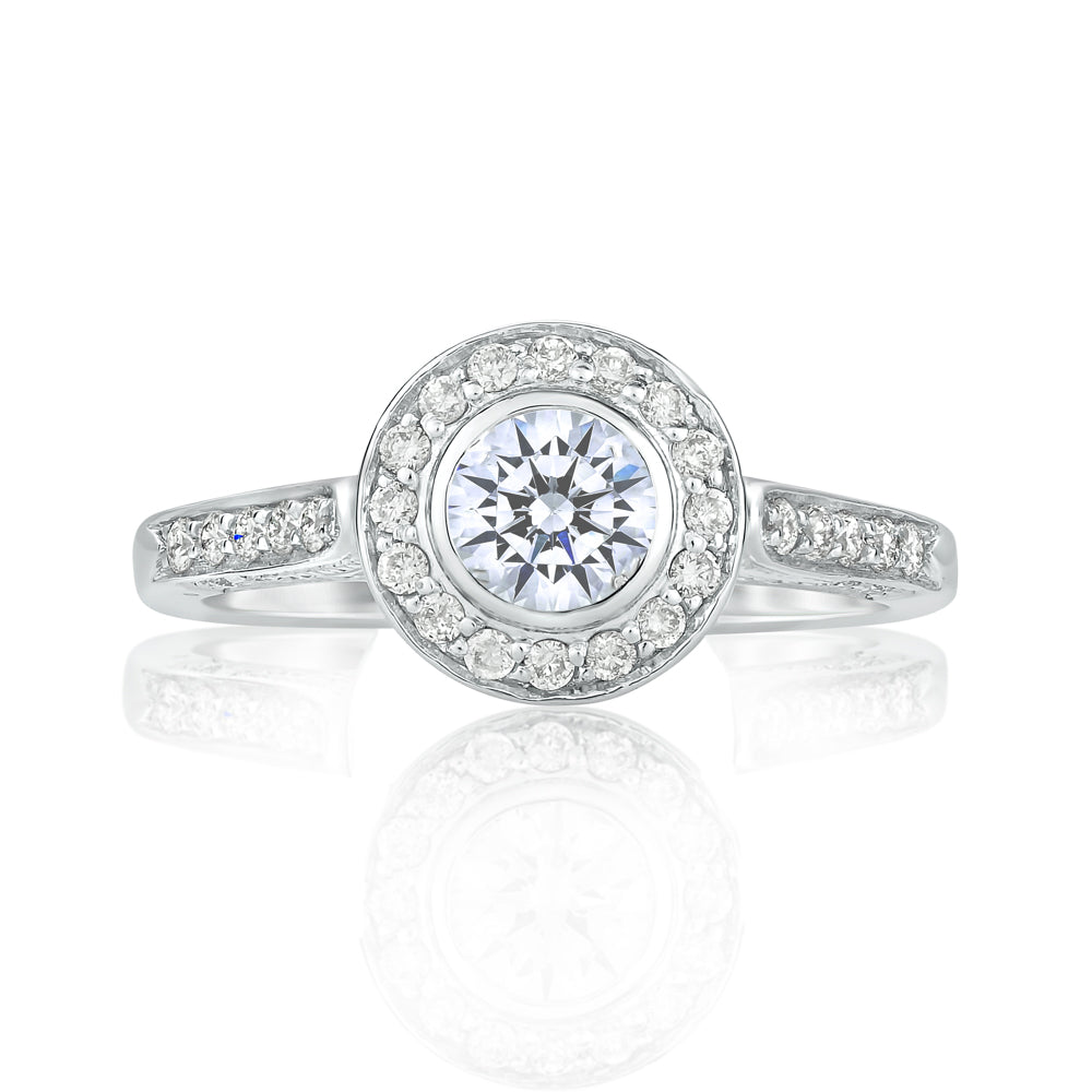 L’Orée Bezel Set Round Cut Engagement Ring With Halo And Three Row Pavé Band