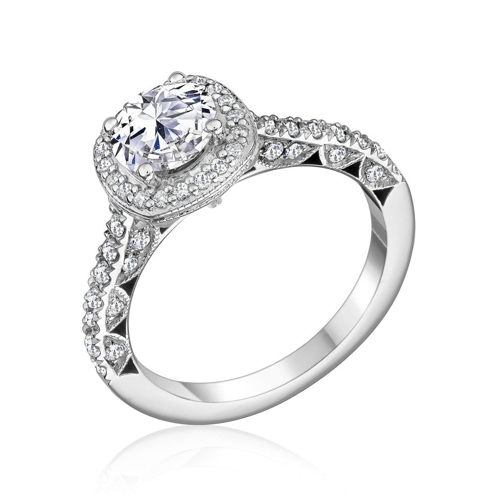 L’Orée Round Cut Ornate Engagement Ring With Halo And Three Row Pavé Band